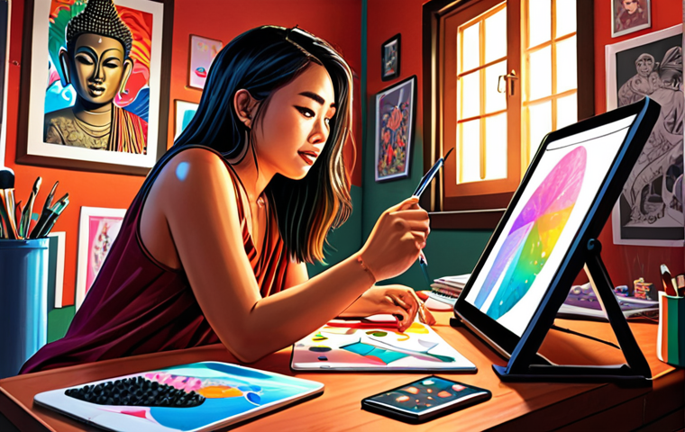 **

Prompt: A vibrant digital illustration of a Thai artist deeply engrossed in their creative work. The scene showcases elements representing passion, inspiration, and learning from others – such as a mood board filled with diverse artworks, a tablet displaying tutorials, and the artist surrounded by tools like brushes and a graphics pen. The atmosphere is energetic and inspiring, reflecting the joy of creative expression. Style: Digital art, vibrant colors, dynamic composition.

**