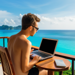 A digital nomad, looking focused yet relaxed, working on a laptop from a scenic balcony overlooking the turquoise Andaman Sea in Phuket, Thailand. The setting embodies tropical serenity and the freedom of location-independent work, with warm sunlight and a refreshing drink nearby.