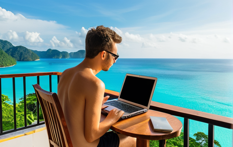 A digital nomad, looking focused yet relaxed, working on a laptop from a scenic balcony overlooking the turquoise Andaman Sea in Phuket, Thailand. The setting embodies tropical serenity and the freedom of location-independent work, with warm sunlight and a refreshing drink nearby.